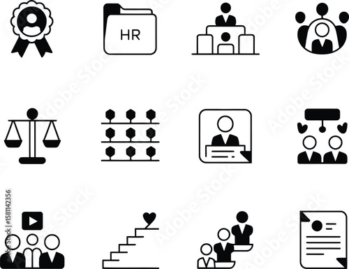 Collection of human resources and business management icons in black and white