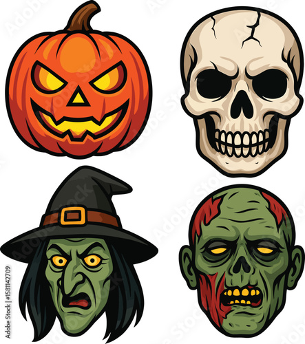 Web Halloween Characters Pumpkin Skull Witch Vampire Spooky Season