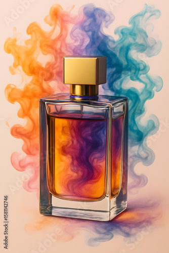Perfume Bottle with Colorful Smoke: A luxurious perfume bottle with a gold cap sits amidst vibrant, swirling smoke, creating a captivating and sensual image. The colors evoke feelings of warmth.