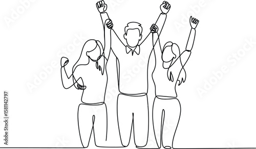 Continuous Line Illustration of Successful People Team Cheering in Celebration of a Common Goal
