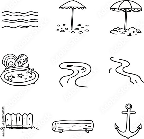 Black-and-White Vector Illustration of Beach & Terrain Icon Grid – 9-Item Coastal Silhouette Set