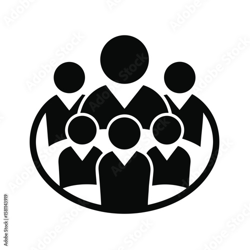 Stylized black icon representing a group of people in a circle isolated on white background