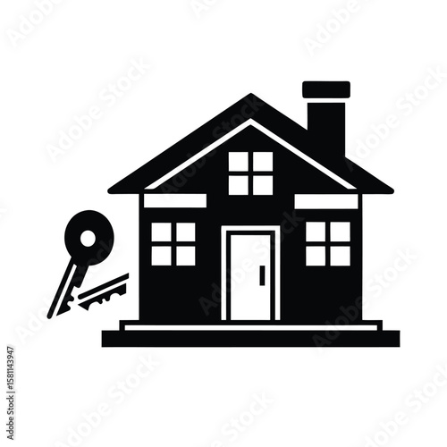 Black silhouette of a house with a key and a padlock isolated on white background