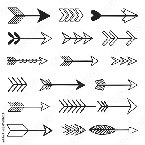 Collection of eighteen black and white arrow designs with varying styles and orientations arranged neatly