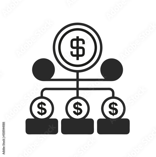 Financial hierarchy diagram with dollar coins isolated on white background