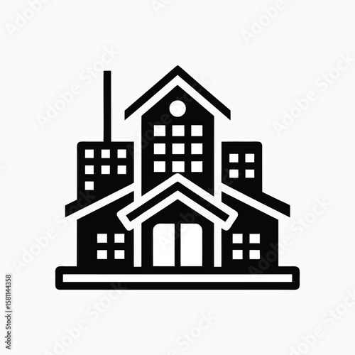 Stylized black building icon with multiple stories and windows isolated on white background
