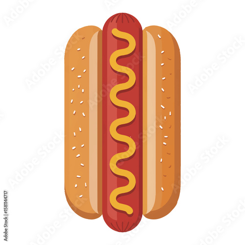 Vector art of a vibrant hotdog with mustard on a sesame seed bun, isolated on white background