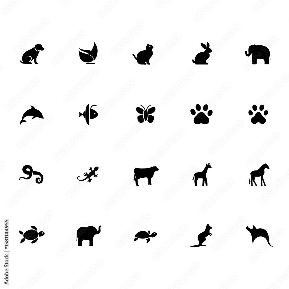 Fototapeta premium Collection of Minimalist Black Animal Silhouettes: Icons for Web, App, and Print Designs.