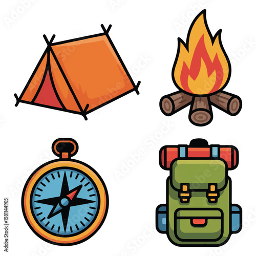 Vector art of a vibrant illustration showcases camping essentials a tent, bonfire, compass, and backpack, perfect for outdoor enthusiasts