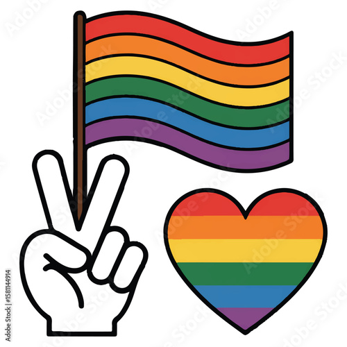 Vector art of a vibrant rainbow flag waves beside a peace sign and heart, isolated on white background