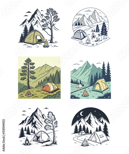 Camping Adventure Illustrations: A collection of six unique illustrations depicting idyllic camping scenes nestled amidst majestic mountains, featuring tents, campfires, and towering pine trees.