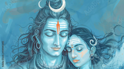 Close-up of Lord Shiva and Goddess Parvati digital artwork.