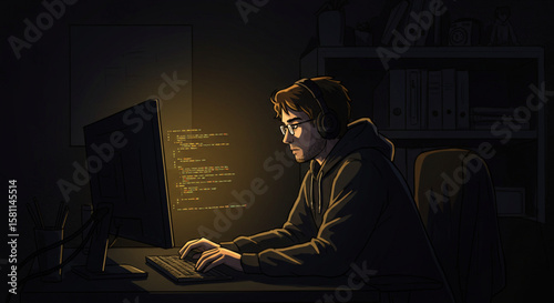 Dedicated software developer working late, writing code on a glowing monitor screen in a dimly lit office.