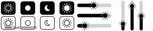 Day and night, dark and light modes. Screen modes icons set. Screen brightness and contrast level control icons. Day night switch. Vector Illustration.