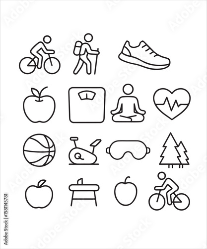 Healthy Lifestyle Line Art Icon Set | Cycling, Hiking, Meditation, Fitness, Sleep, Nutrition, Wellness Icons

