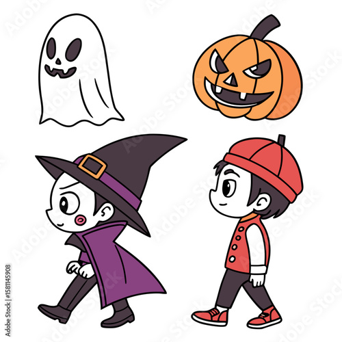 Illustration featuring halloween characters including a ghost pumpkin witch and a child in costume walking
