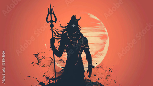 Silhouette of Lord Shiva Holding Trident at Sunset and Flat Icon Style