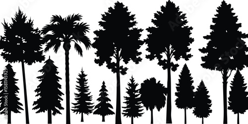 Silhouettes of palm trees and other tree shapes vector set with tropical and forest nature design elements