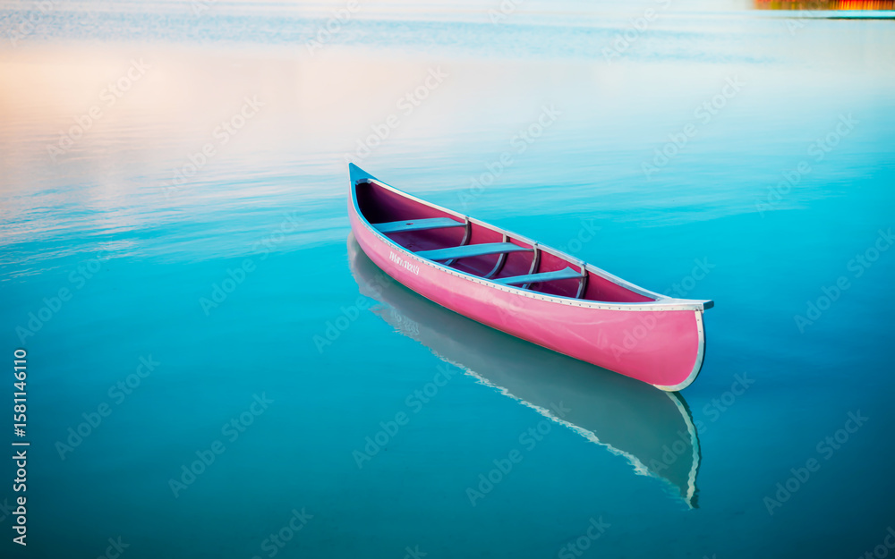 Fototapeta premium A solitary pink canoe rests peacefully on calm turquoise waters at dawn