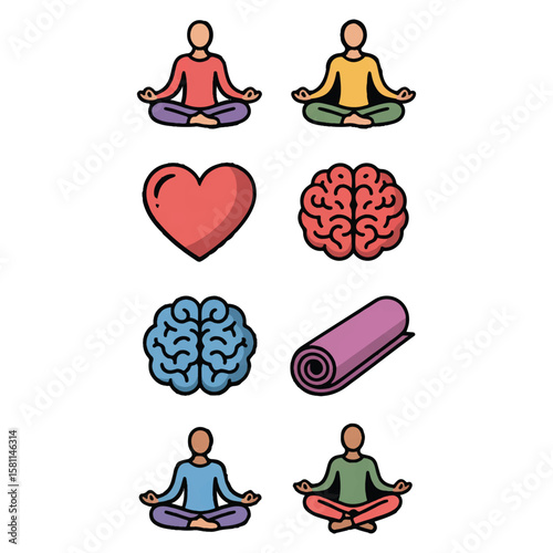 Vector art of meditating figures, a heart, brains, and a yoga mat are arranged on a white background