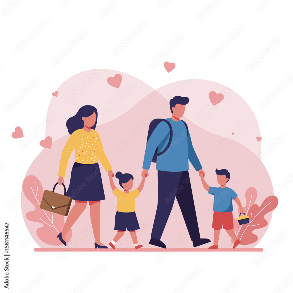 Fototapeta premium Family walking together with love in a playful, colorful scene 