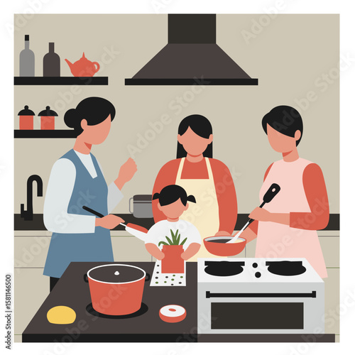 Group of women cooking together in modern kitchen with child  