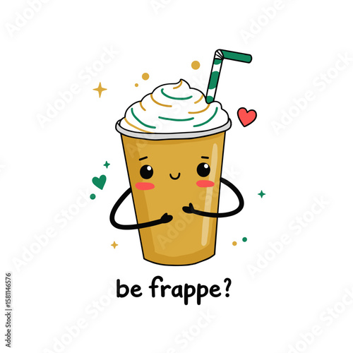 Cute illustrated frappe drink character with smiling face  