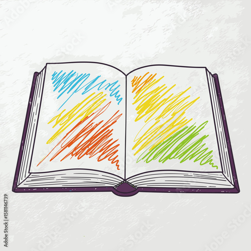 Open book with colorful scribbles on pages in sketch style  