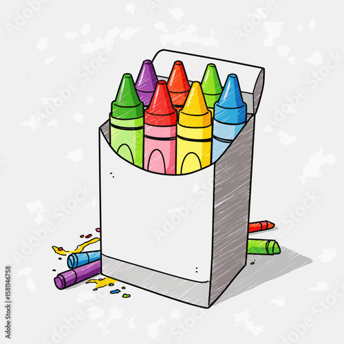 Colorful crayons in a box with spilled crayon pieces on surface  