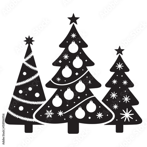 Vector art of three decorated christmas trees silhouette isolated on white background
