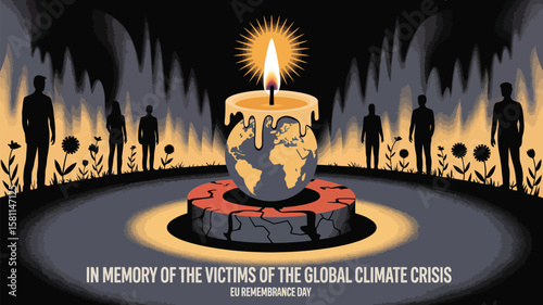 Symbolic Candle Illustration for EU Day for the Victims of the Global Climate Crisis – Burning Leaf-Flame Candle on Cracked Earth Pedestal with Faint Silhouettes and Halo of EU Stars in Mourning