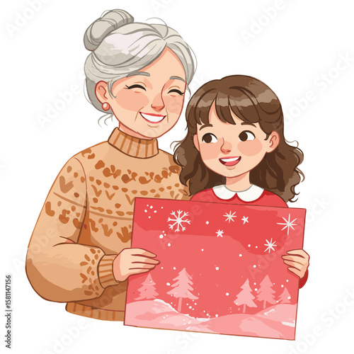 Happy grandmother and granddaughter holding a Christmas painting  