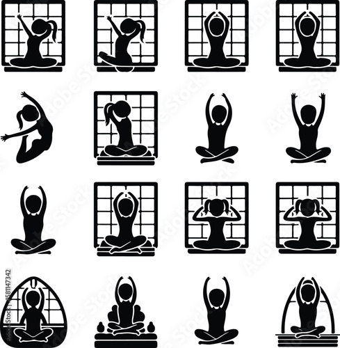 Girl Stretching in Morning Silhouette – Wake Up Pose Icon Set Morning Yoga Stretch Girl Silhouette – Relax & Fitness Vector Set
