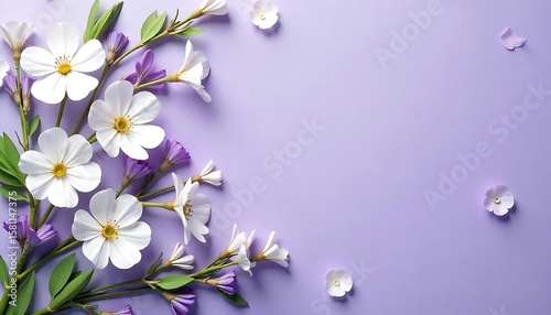 Beautiful floral design featuring white and purple flowers, set against purple background. Romantic spring, summer theme for wedding, birthday card or mother day. botanical created with generative ai