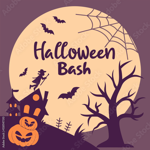 Halloween bash illustration featuring a witch, bats, haunted house, pumpkin, tree, and spider web on moon background