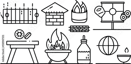 Set of vector icons and images featuring a house with kitchen and food utensils like cups, coffee, cooking tools, and drink symbols for restaurant and home design