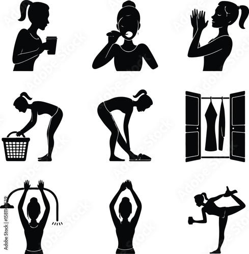 Girl Stretching in Morning Silhouette – Wake Up Pose Icon Set Morning Yoga Stretch Girl Silhouette – Relax & Fitness Vector Set