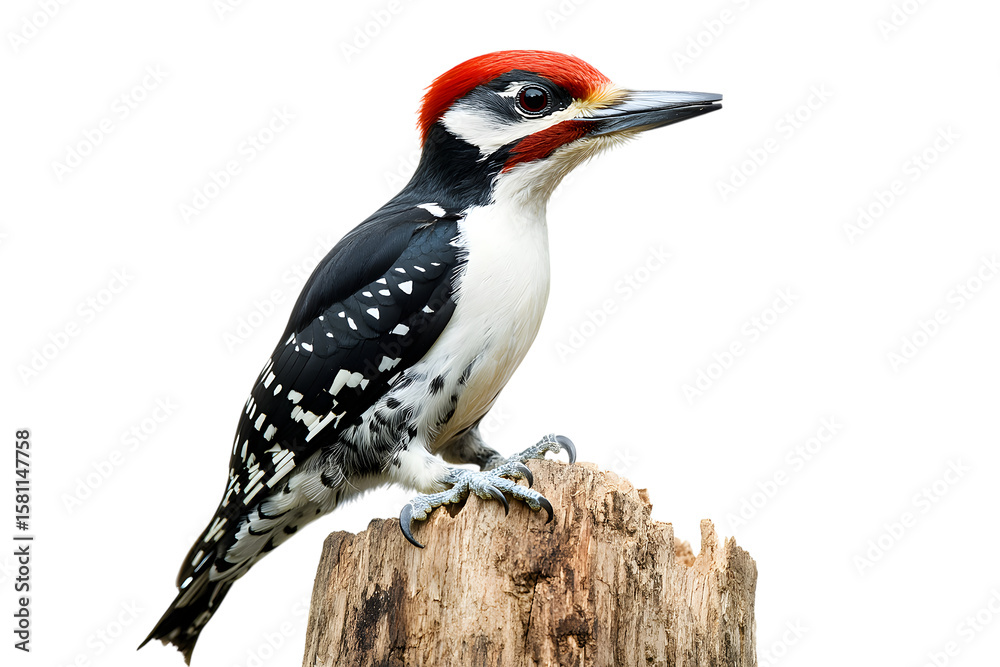 Obraz premium Beautiful Hairy Woodpecker Bird Perched Elegantly On A Tree Stump