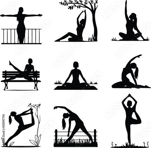 Girl Stretching in Morning Silhouette – Wake Up Pose Icon Set Morning Yoga Stretch Girl Silhouette – Relax & Fitness Vector Set