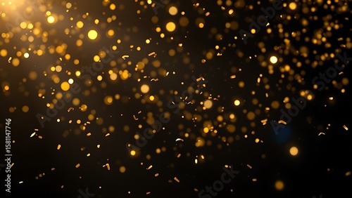 Golden confetti frozen in motion against dark background, celebrating energy and sparkle.
