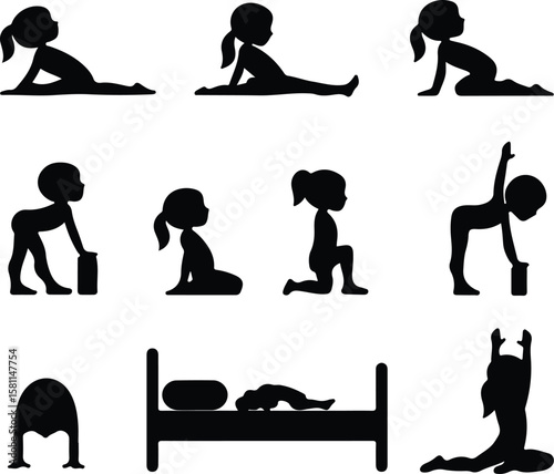 Girl Stretching in Morning Silhouette – Wake Up Pose Icon Set Morning Yoga Stretch Girl Silhouette – Relax & Fitness Vector Set