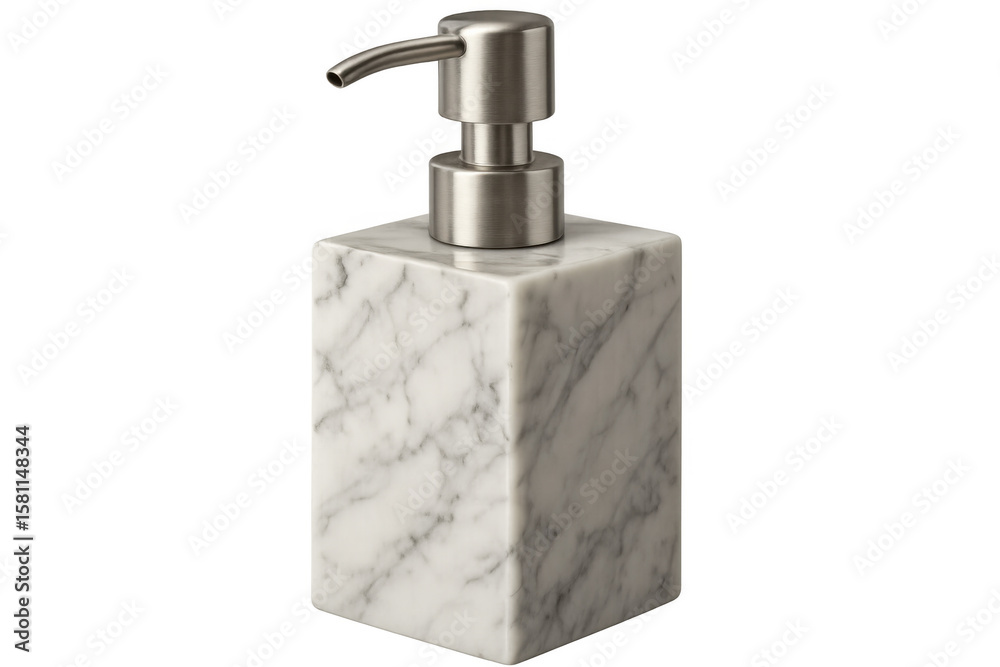 Fototapeta premium Polished marble soap dispenser with metallic pump, highlighting contemporary bathroom design against pristine white backdrop
