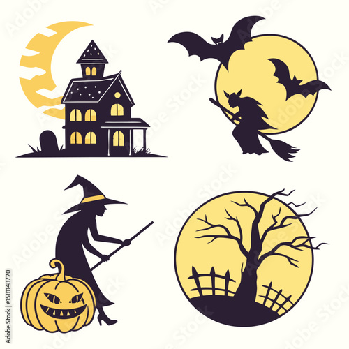 Four halloween themed illustrations showing a haunted house, witches, a tree and pumpkins on white