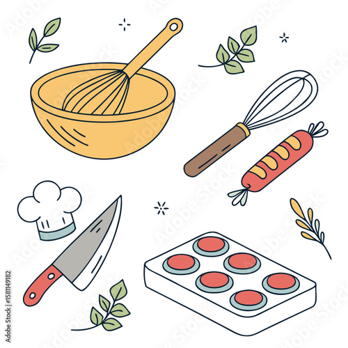 Illustration of baking tools including a bowl, whisk, knife, chef hat, muffin tin and sausage roll item