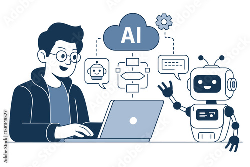Engineer and Robot Teamwork Illustration in AI Software Development with Cloud Computing, Chatbot Symbol, and Process Flow Diagram in Clean Blue Line Art Vector Style

