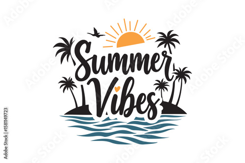 Summer vibes with palm trees sun and ocean waves