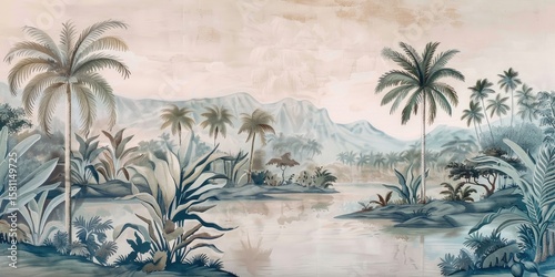 Wallpaper serene tropical landscape painting in pastel tones	
