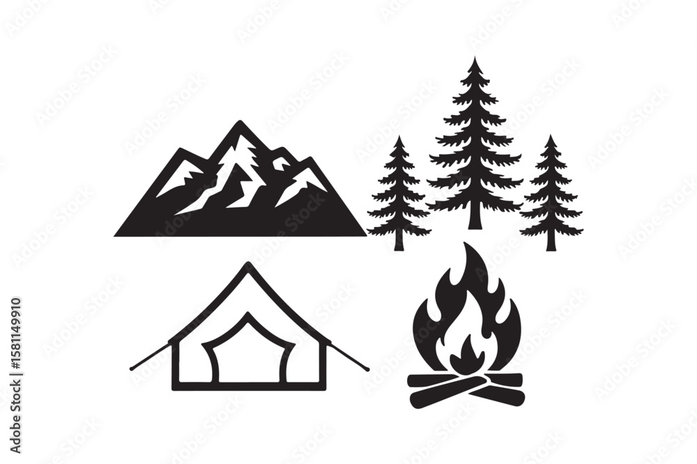 Obraz premium Camping icons featuring mountains trees tent and campfire