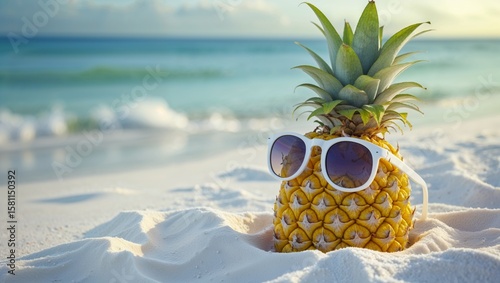 A fun-loving pineapple wearing sunglasses enjoys the sun on a sandy beach.