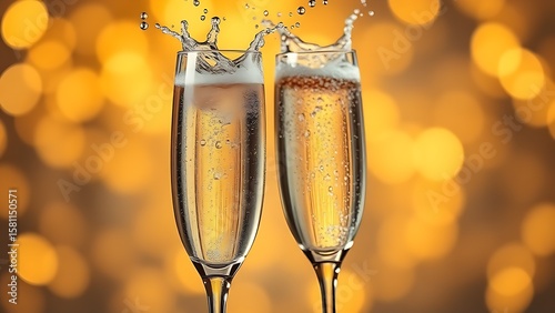 Two champagne glasses with sparkling liquid, capturing a dynamic splash against a festive golden backdrop.